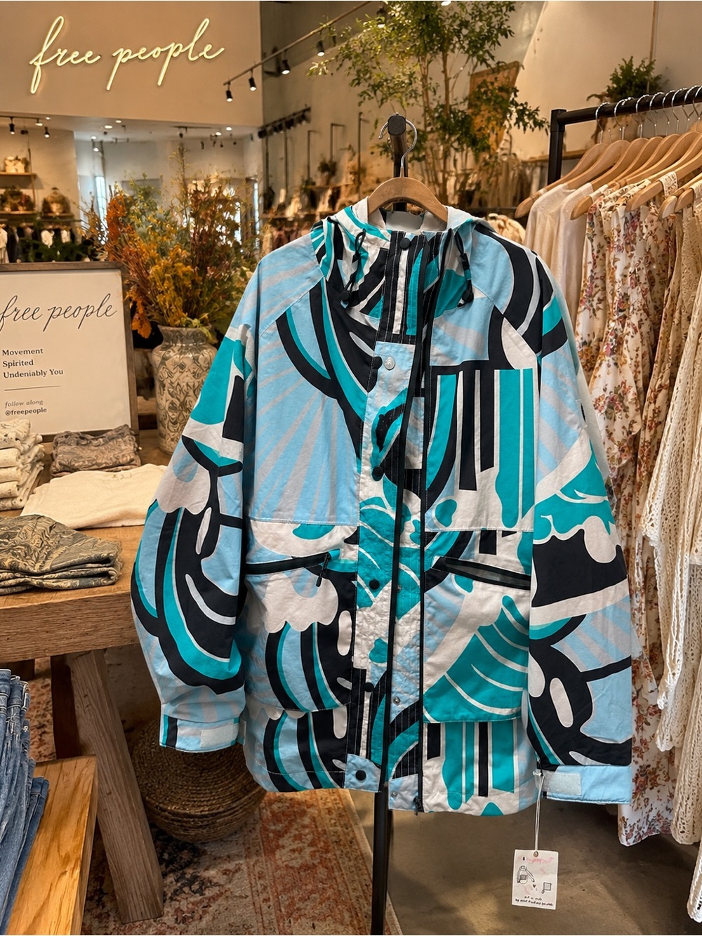 Free People Turquoise Black & Light Blue Abstract Print Hooded Rain Jacket